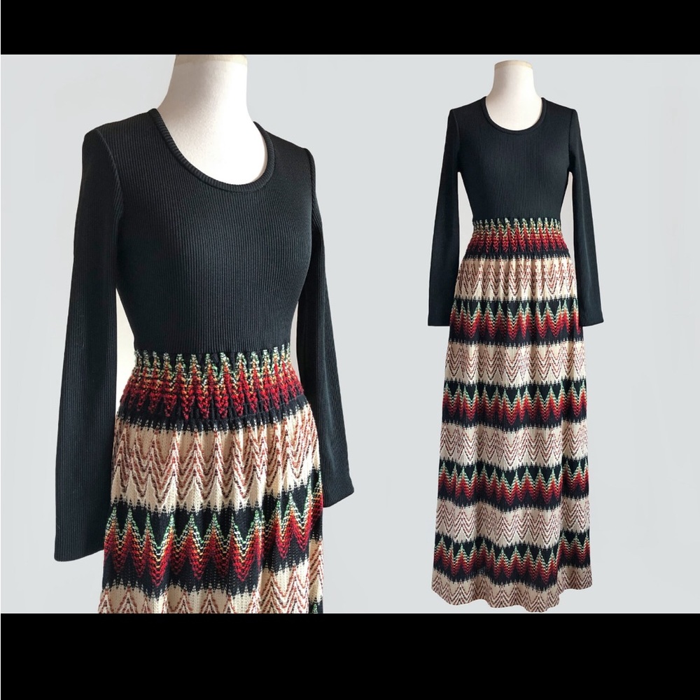 Vintage 70s Black & Woven Bohemian Maxi Dress